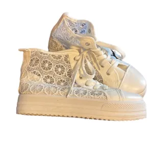 💜💜 SPORT White/Ivory  Lace Platform HiTop Shoes Ladies Size 39