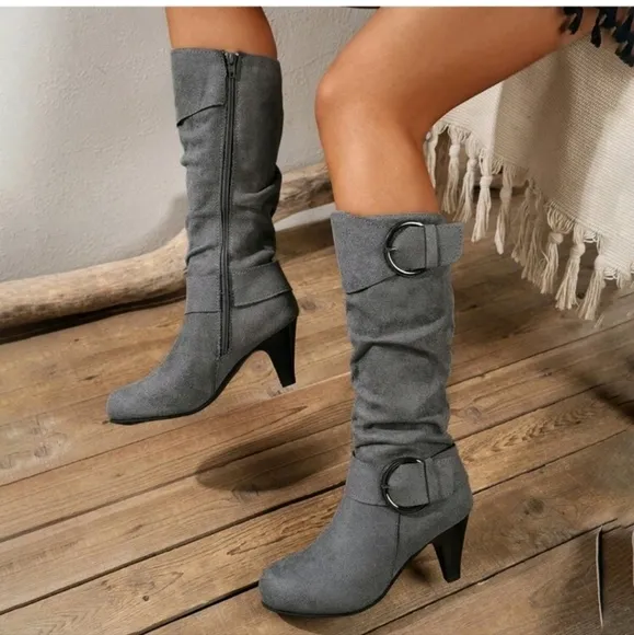 1 Pair Fashion Mid-Heel Tall Boots With Side Zipper For Women, Korean Style