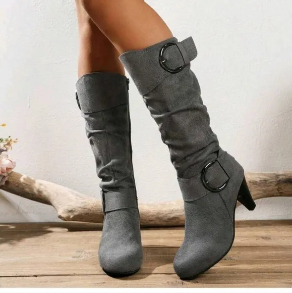 1 Pair Fashion Mid-Heel Tall Boots With Side Zipper For Women, Korean Style