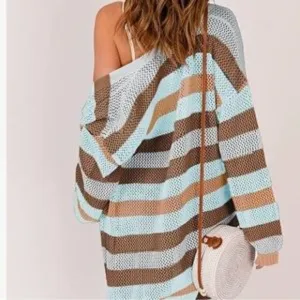 #39 New Crochet Knit Color Block Open Front  Cardigan Sweater