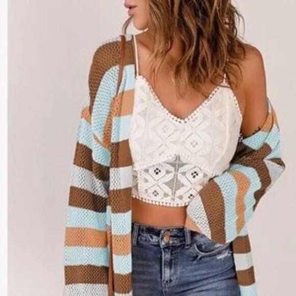 #39 New Crochet Knit Color Block Open Front  Cardigan Sweater