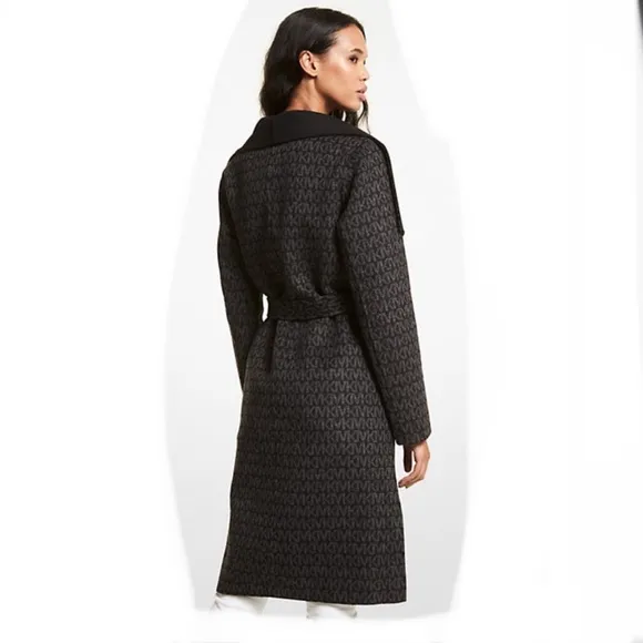 $425 Michael Kors Women's Black Wool Blend Logo Jacquard Wrap Coat Size M