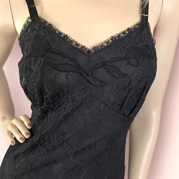 60s Vintage Black Lace Slip Dress XS Deadstock Lingerie Whimsigoth Coquette Goth