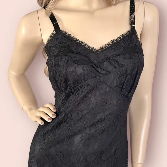 60s Vintage Black Lace Slip Dress XS Deadstock Lingerie Whimsigoth Coquette Goth