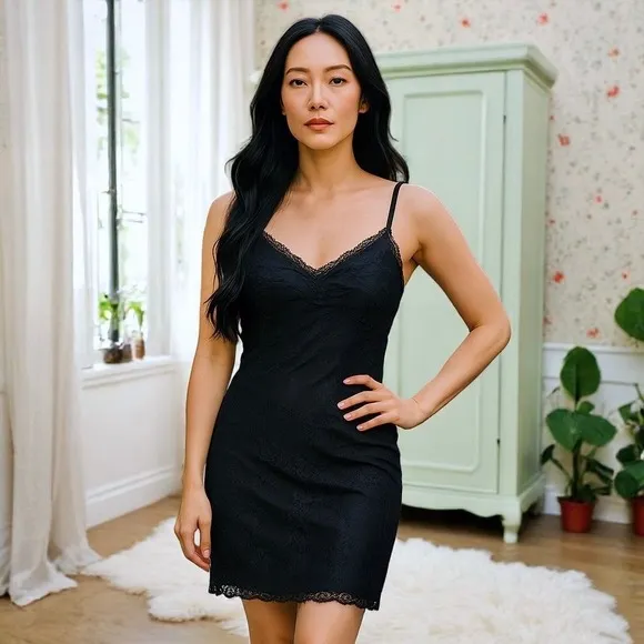 60s Vintage Black Lace Slip Dress XS Deadstock Lingerie Whimsigoth Coquette Goth