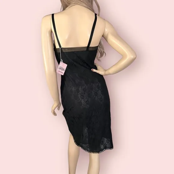 60s Vintage Black Lace Slip Dress XS Deadstock Lingerie Whimsigoth Coquette Goth
