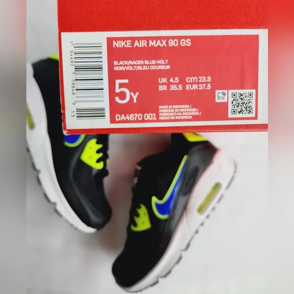 6.5 WOMEN'S NIKE AIR MAX 90 BLACK VOLT BLUE RUNNING SNEAKERS DA4670-001