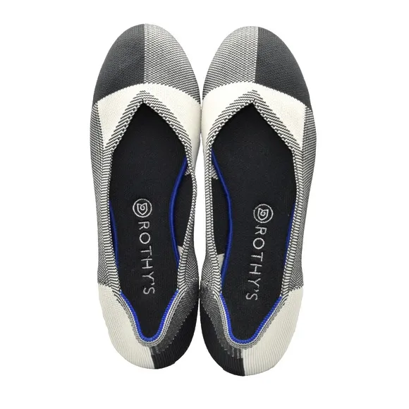 A8 NWOB ROTHYS Black &amp; Cream Plaid The Flat Cap Toe Ballet Shoes Size 10.5