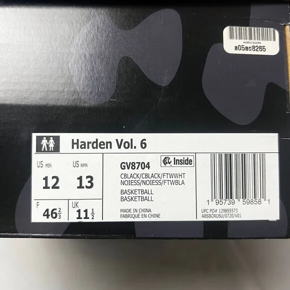 Adidas Harden Vol. 6 Basketball Shoes Black White Sneakers GV8704 Men's 12