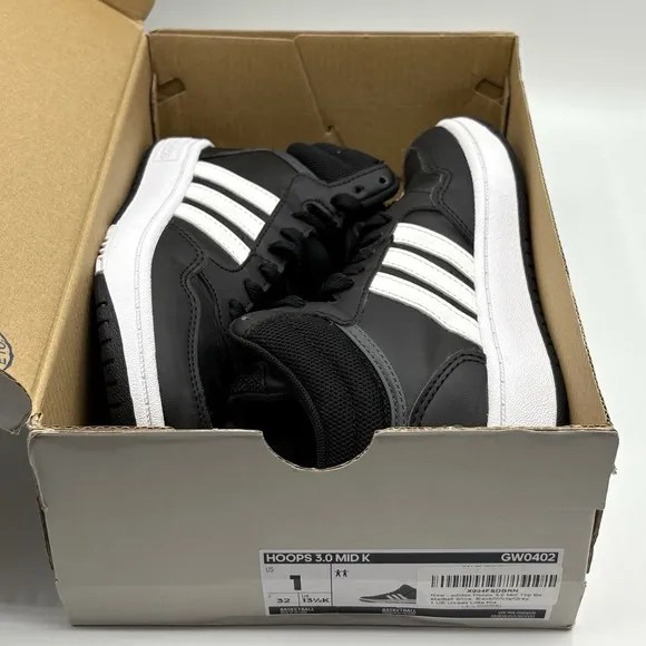 Adidas Hoops Mid 3.0 K Black and White Sneakers Kids Size 1Y GW0402 Shoes