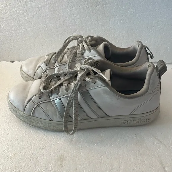 Adidas sneakers white metallic silver stripes well worn shoes women’s size 8