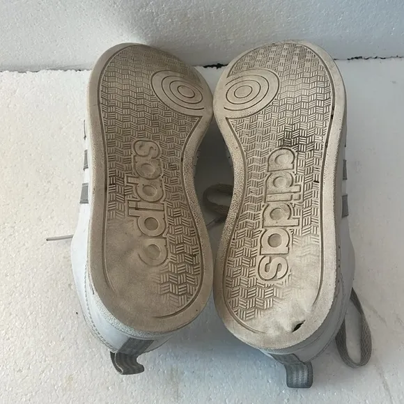 Adidas sneakers white metallic silver stripes well worn shoes women’s size 8