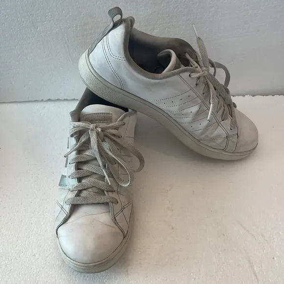 Adidas sneakers white metallic silver stripes well worn shoes women’s size 8