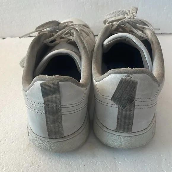Adidas sneakers white metallic silver stripes well worn shoes women’s size 8