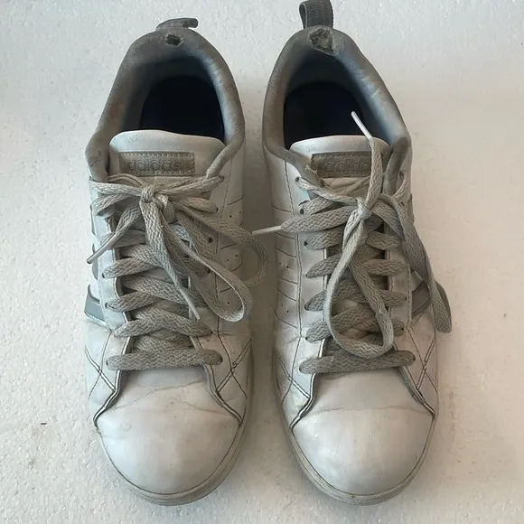 Adidas sneakers white metallic silver stripes well worn shoes women’s size 8