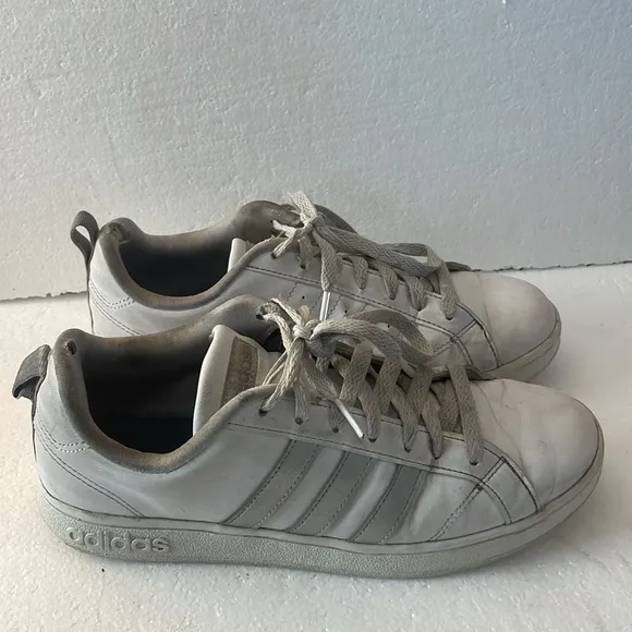 Adidas sneakers white metallic silver stripes well worn shoes women’s size 8