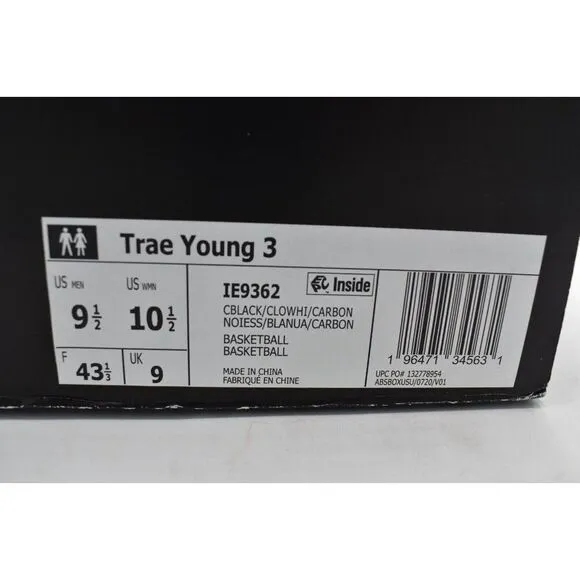 Adidas Mens Size 9.5 Trae Young 3 Black White Carbon Basketball Shoes Sneakers