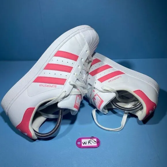 Adidas Womens Originals Superstar White Pink Sneakers Shoes Lace Up CG6608 Sz 7