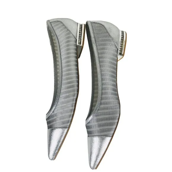 ADRIANNA PAPELL Silver Beaded Flat Heel Pointed Toe Wedding Shoes