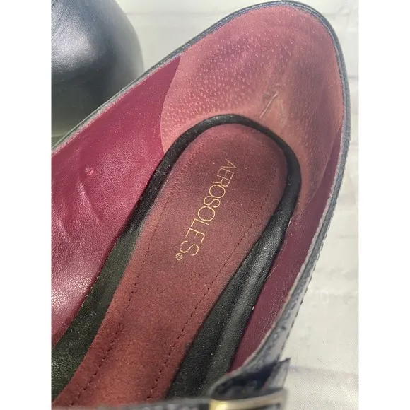 Aerosoles T- Strap Semi Circle Black Leather Upper Rivets Heels Shoes Size 11