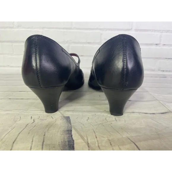 Aerosoles T- Strap Semi Circle Black Leather Upper Rivets Heels Shoes Size 11