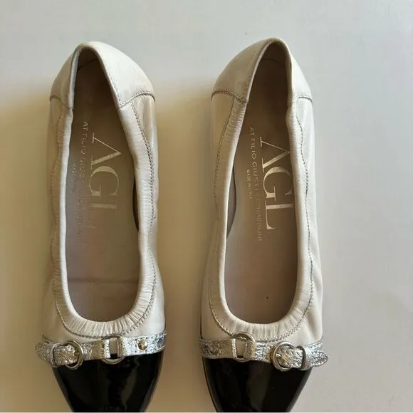 AGL White Leather Black Patient Leather Cap toe Monika ballet flat
