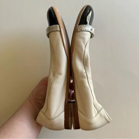 AGL White Leather Black Patient Leather Cap toe Monika ballet flat