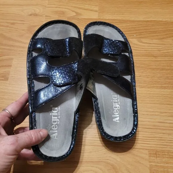 Alegria Leather Karnen Clog Mule Iridescent Metalic Blue Sandals Shoes  8.5
