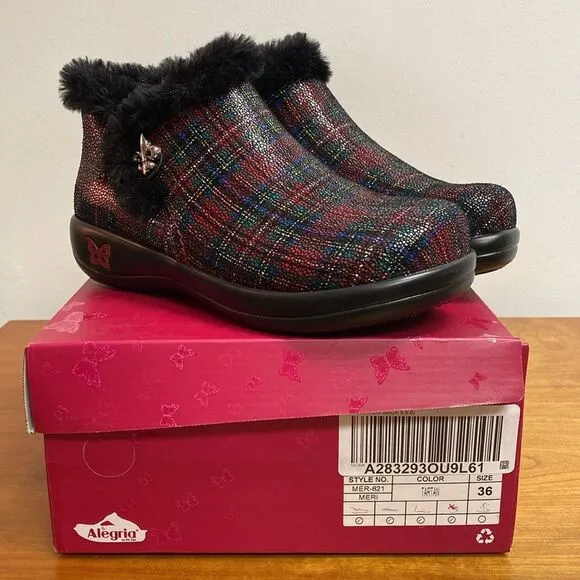 Alegria Meri Water Resistant Leather Booties Tartan Faux Fur Size: 36 | 6-6.5