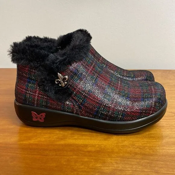 Alegria Meri Water Resistant Leather Booties Tartan Faux Fur Size: 36 | 6-6.5
