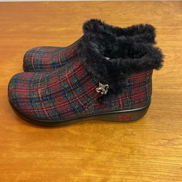 Alegria Meri Water Resistant Leather Booties Tartan Faux Fur Size: 36 | 6-6.5