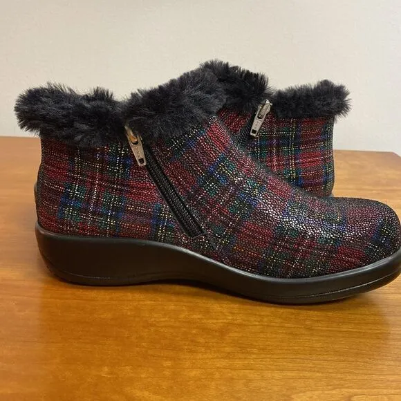 Alegria Meri Water Resistant Leather Booties Tartan Faux Fur Size: 36 | 6-6.5