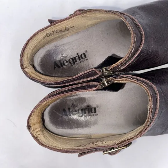 Alegria Womens Leather Slip Resistant Dylan Molasses Tooled Boots Brown Size 39