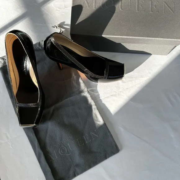 Alexander McQueen Black Patent Leather Heels Silver Flat Toe