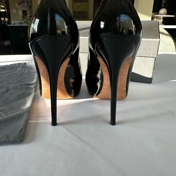 Alexander McQueen Black Patent Leather Heels Silver Flat Toe