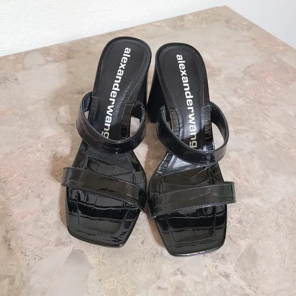 Alexander Wang Hayden Croc Slide Sandals Black Leather size 38.5 / 8.5