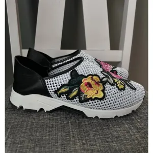 All Black Dressy Sporty Mesh Floral Applique Leather Slip On Sneakers Size 40