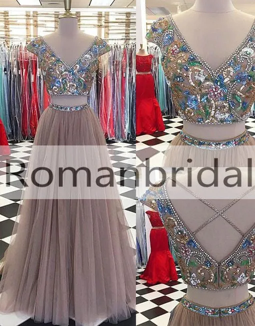 Amazing Two Pieces Beading Charming Ankle-length Lace up V-neck Cap Sleeve Prom Dress, PD0420