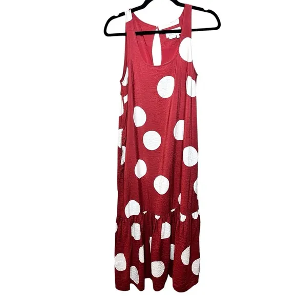 Anthropologie Michaela Polka Dot Flounced Midi Dress XS Rust   White