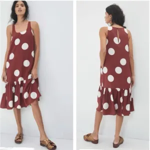 Anthropologie Michaela Polka Dot Flounced Midi Dress XS Rust   White