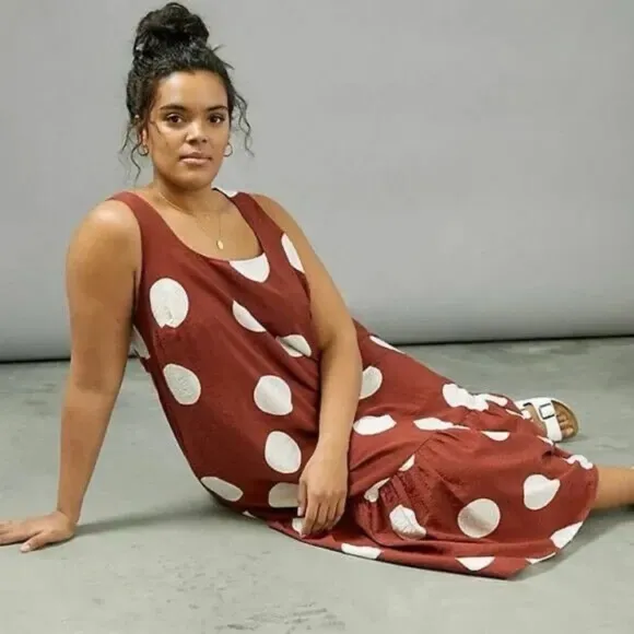 Anthropologie Michaela Polka Dot Flounced Midi Dress XS Rust   White