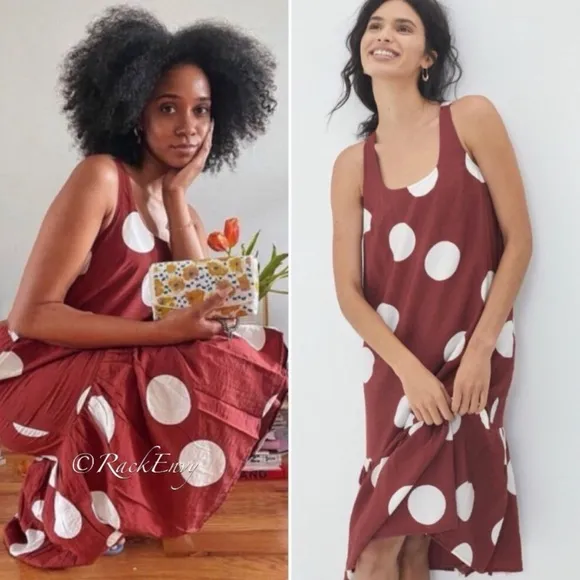 Anthropologie Michaela Polka Dot Flounced Midi Dress XS Rust   White