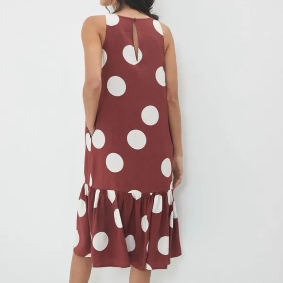 Anthropologie Michaela Polka Dot Flounced Midi Dress XS Rust   White
