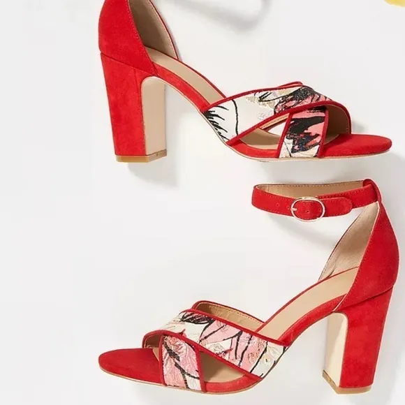 Anthropologie Red Jacquard  red block  Heel Sandals 6.5