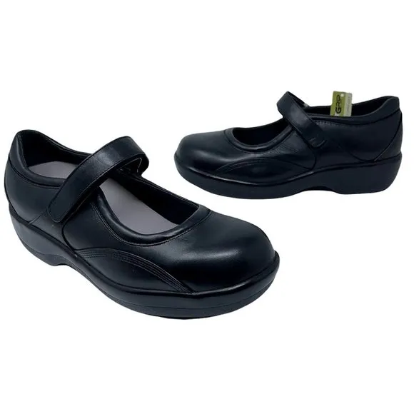 Apex Womens Ambulator Mary Janes Shoes Black Leather Hook &amp; Loop Strap 9.5W New