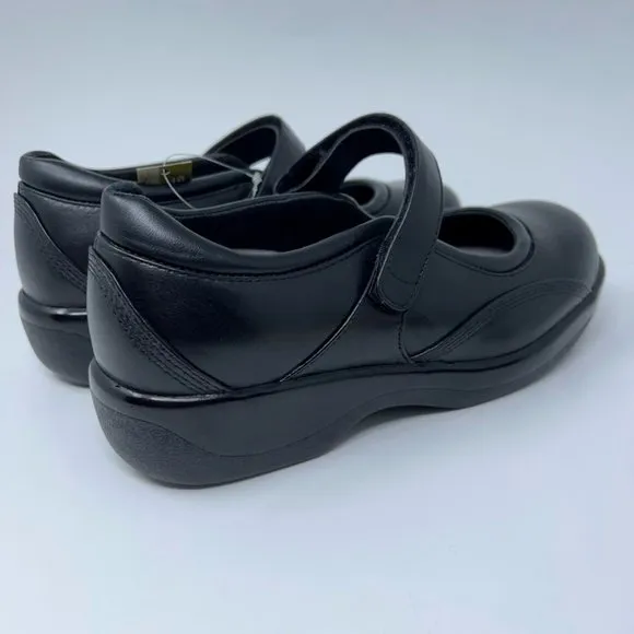 Apex Womens Ambulator Mary Janes Shoes Black Leather Hook &amp; Loop Strap 9.5W New