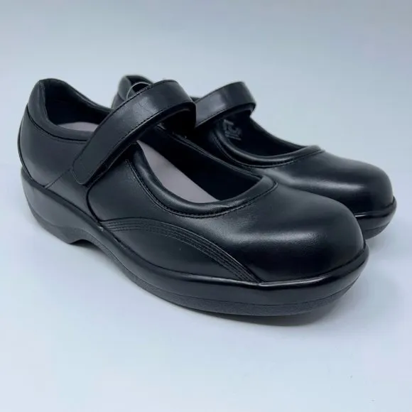 Apex Womens Ambulator Mary Janes Shoes Black Leather Hook &amp; Loop Strap 9.5W New