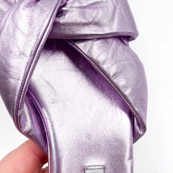 Aquazzura Olie Knotted Sandals Purple Metallic Crisscross Flat Slide Sz 38 / 8