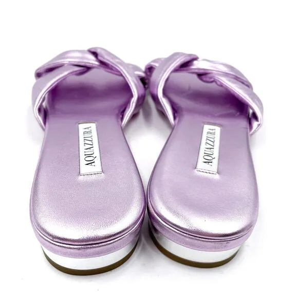 Aquazzura Olie Knotted Sandals Purple Metallic Crisscross Flat Slide Sz 38 / 8