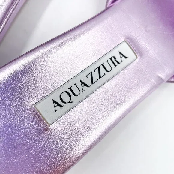 Aquazzura Olie Knotted Sandals Purple Metallic Crisscross Flat Slide Sz 38 / 8
